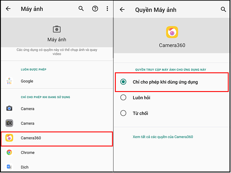 Cấp quyền cho Camera360 để truy cập vào ảnh